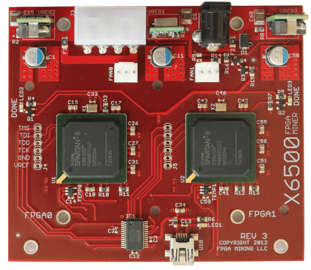 Photograph of the circuit board for the X6500 FPGA Miner.