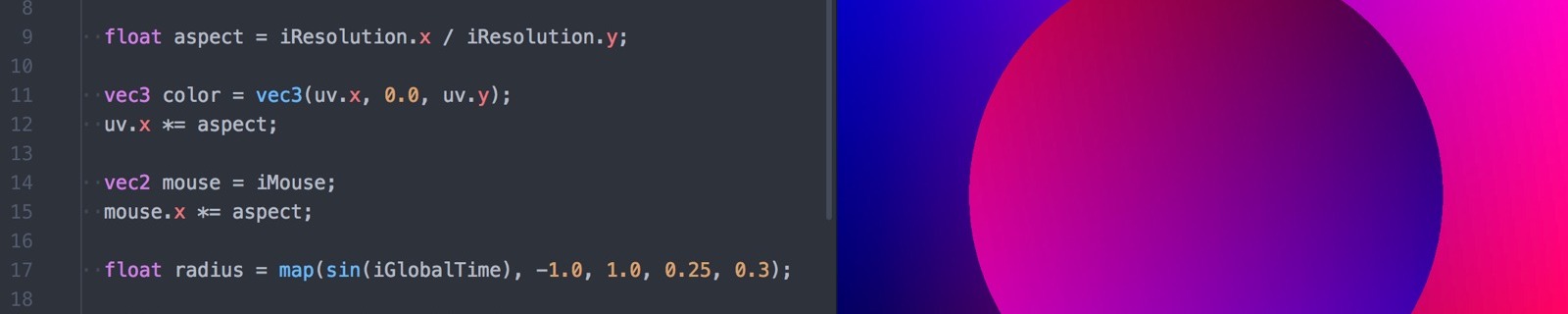 Screenshot of atom-glsl-preview showing code on the left and a rendering of the shader on the right.